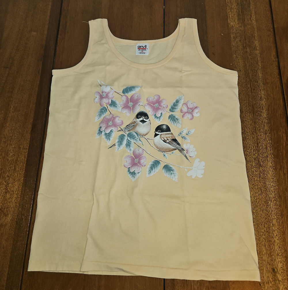 Anvil Pale Yellow Tank Top with Pink Floral and Brown Birds